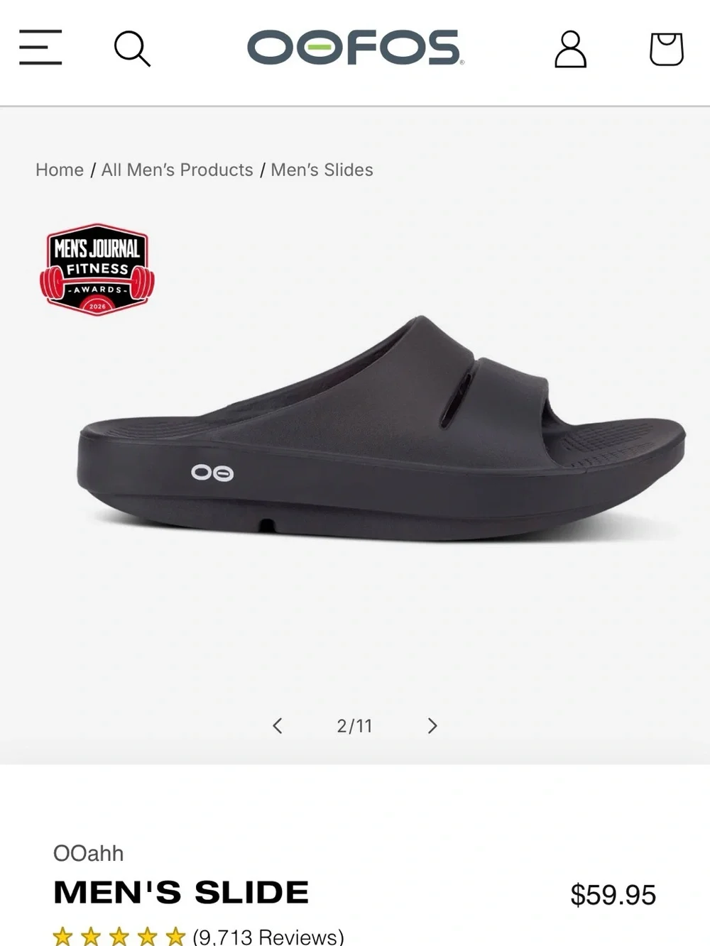 OOFOS OOriginal Slide in Black for Men size8 women size 10